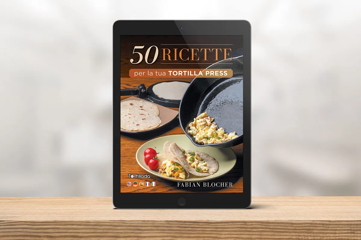 Tortillada - Pressa per Tortillas in Ghisa 20 cm – Tortilla Maker per Tacos, Wrap e Pane Piatto – con E-Book e 100 Fogli Carta Forno – Pressa Resistente