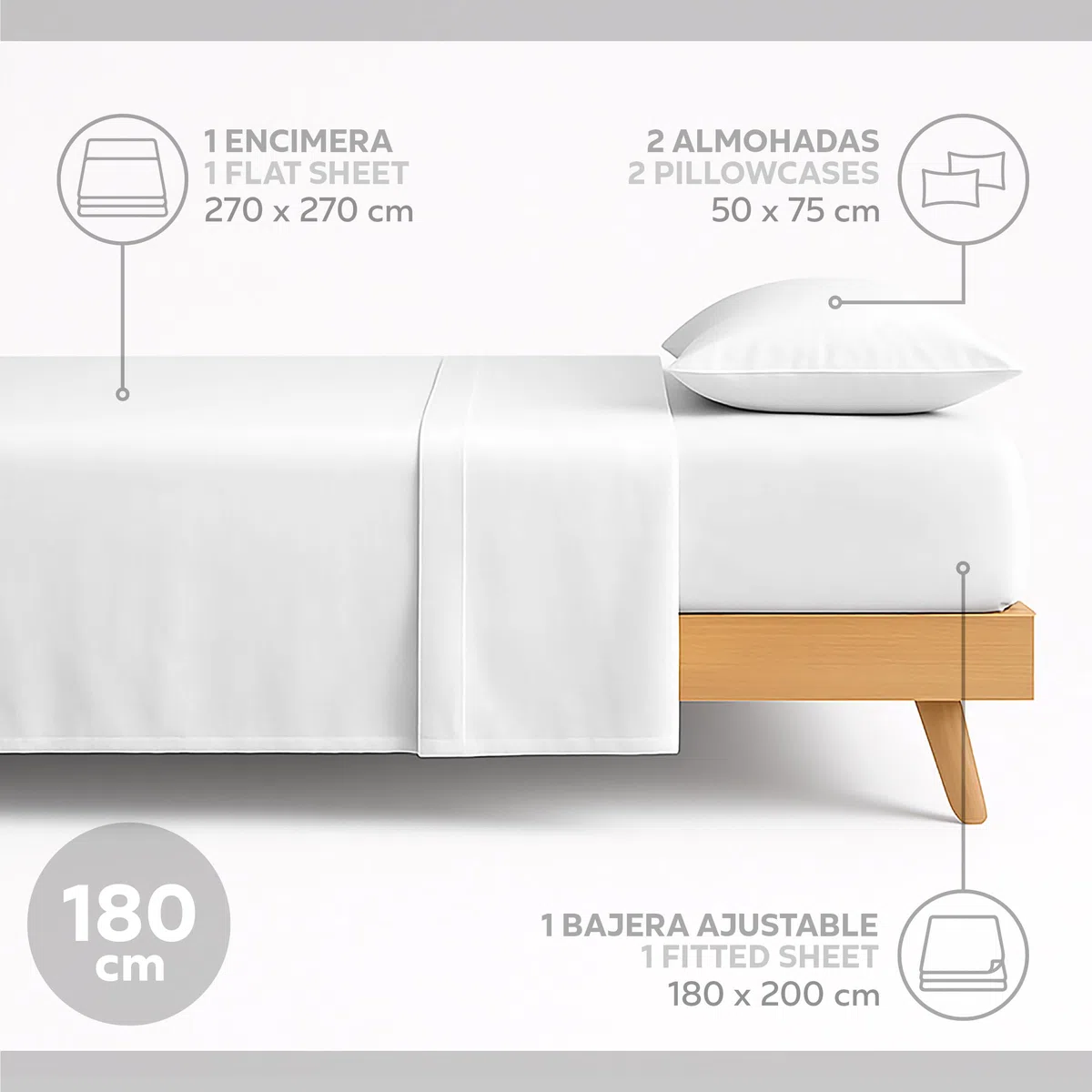 EasyCosy Set Lenzuola Matrimoniale 4 Pezzi 180x200 cm – Microfibra Spazzolata – con Lenzuolo sopra, Lenzuolo con Angoli e 2 Federe 50x75 cm. Bianco - Oeko-Tex