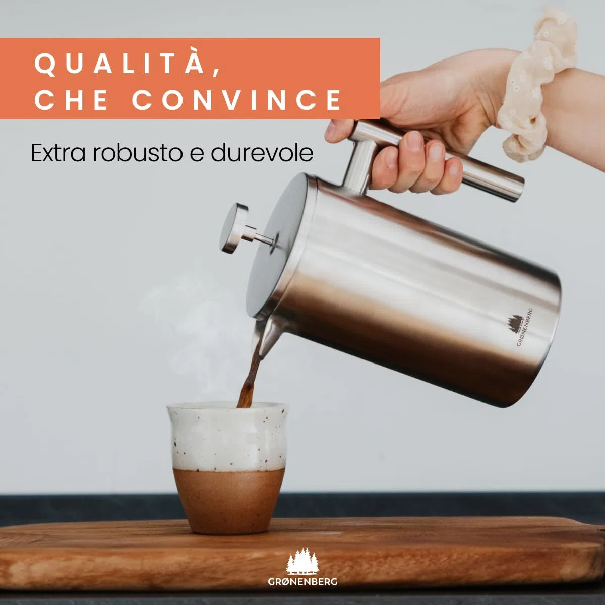 Groenenberg French Press 350ml (2 Tazze) l Caffettiera francese in acciaio inox l Caffettiera pistone con filtri di ricambio e funzione termica