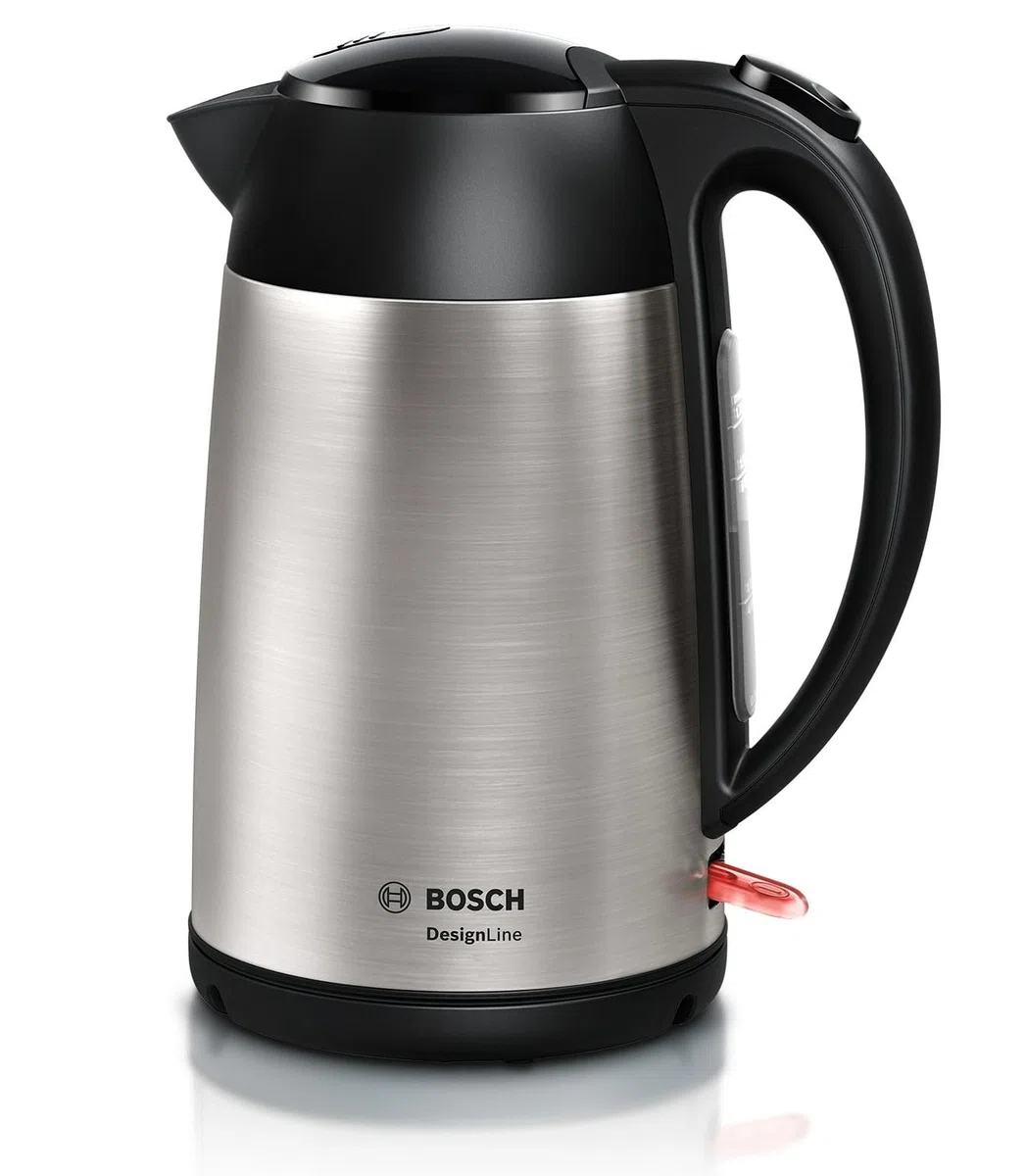 Bosch Bollitore Elettrico TWK3P420, Capacità 1.7 L, Spegnimento Automatico, Beccuccio Antigoccia, Filtro Anticalcare Removibile in Acciaio Inox, Indicatore Livello dell'Acqua, Acciaio Inox, Nero