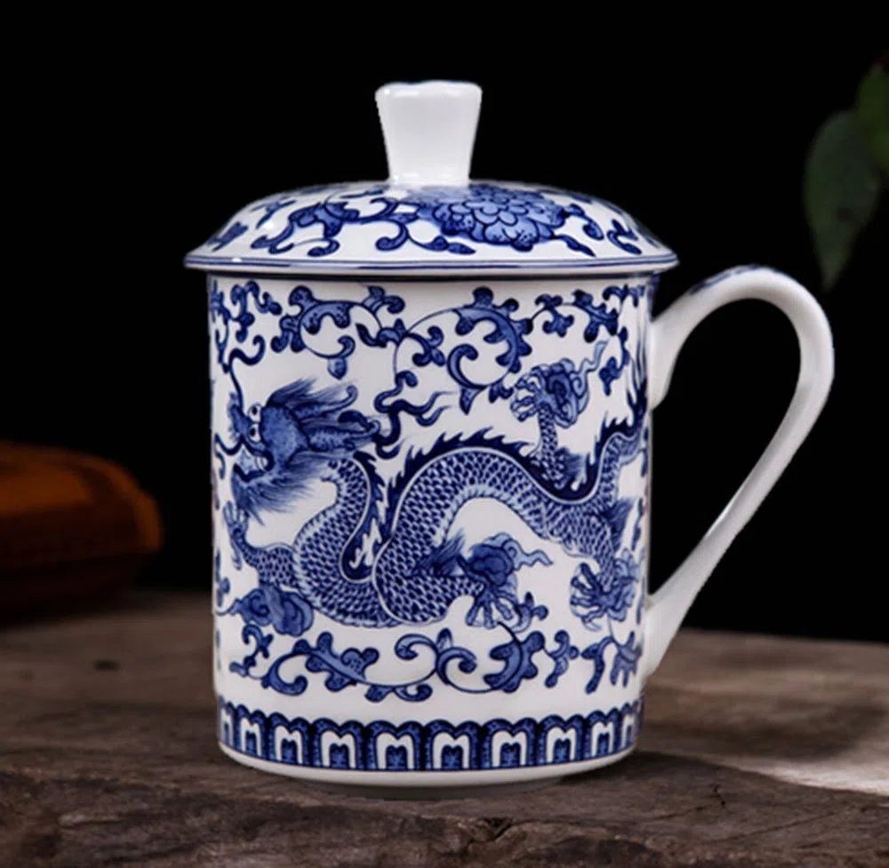 Jing Dezhen Tazza Da Tè Porcellana Blu E Bianca, Motivo Drago Blu, Tazza Da Tè Cinese Con Coperchio, Per Regalo, La Famiglia E Ufficio -500Ml