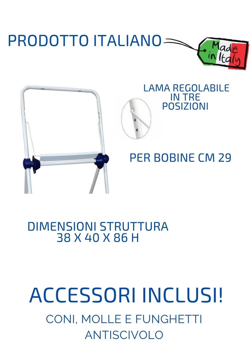 Tecnokit Dispenser porta rotolo carta a pavimento in acciaio, bianco,dimensioni cm 38x40x86h, lama posizionabile in tre posizioni, richiudibile, accessori per l'utilizzo inclusi.