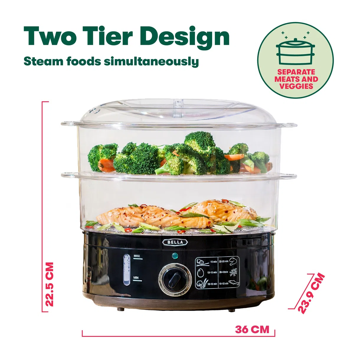 BELLA Vaporiera a due livelli, cottura simultanea sana, veloce e veloce, cestini impilabili per verdure o carne, vassoio per riso/cereali, spegnimento automatico e protezione a secco bollente, 7,4 QT