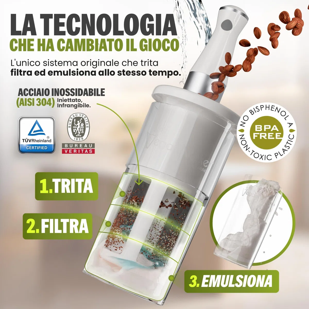 Vegan Milker Filtro Multifunzionale | Macchina per Latte Vegetale, Latte Avena, di Soia e Riso | 1L in 1 Minuto 100% Naturale con Filtro | Compatibile con Frullatore a Mano | Bianco Classico