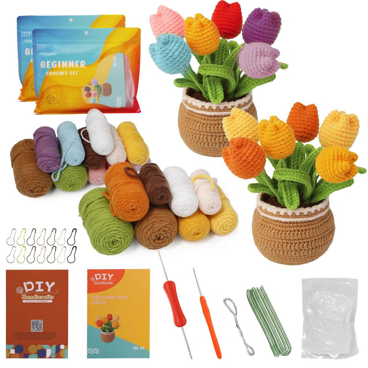 2 Kit Uncinetto Principianti, Tulipano in Vaso, Fiori Kit All'uncinetto Borsa Completo con Tutorial Illustrati e Video, Amigurumi Uncinetto Piante Regali Fai Da Te Teper Mamme Nonne Amici e Compleanni