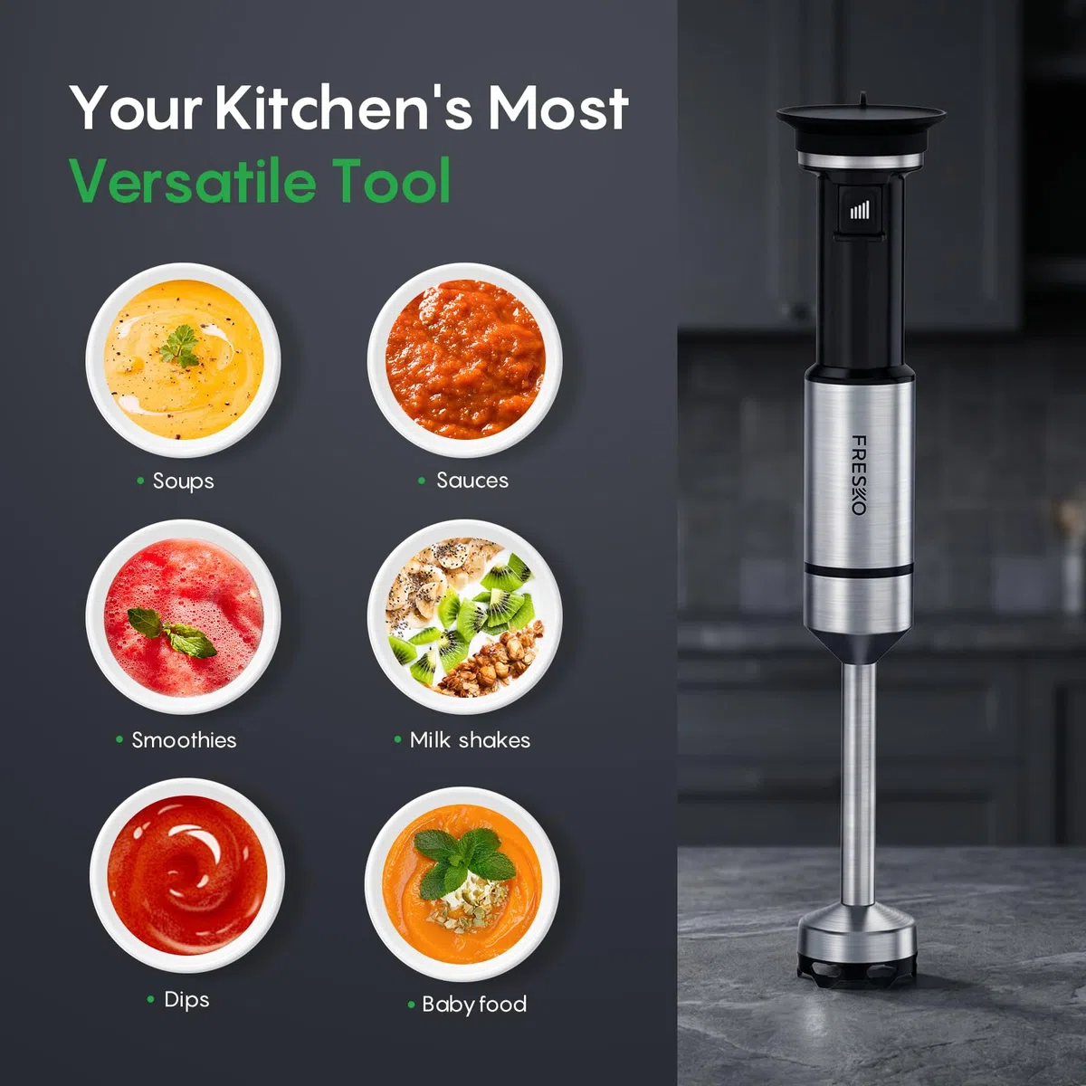 FRESKO Frullatore a immersione 1000W, Frullatore ad immersione professionale con regolazione continua della velocità, 4 lame in acciaio inox, Antischizzo, per zuppe, frullati e alimenti per bebè