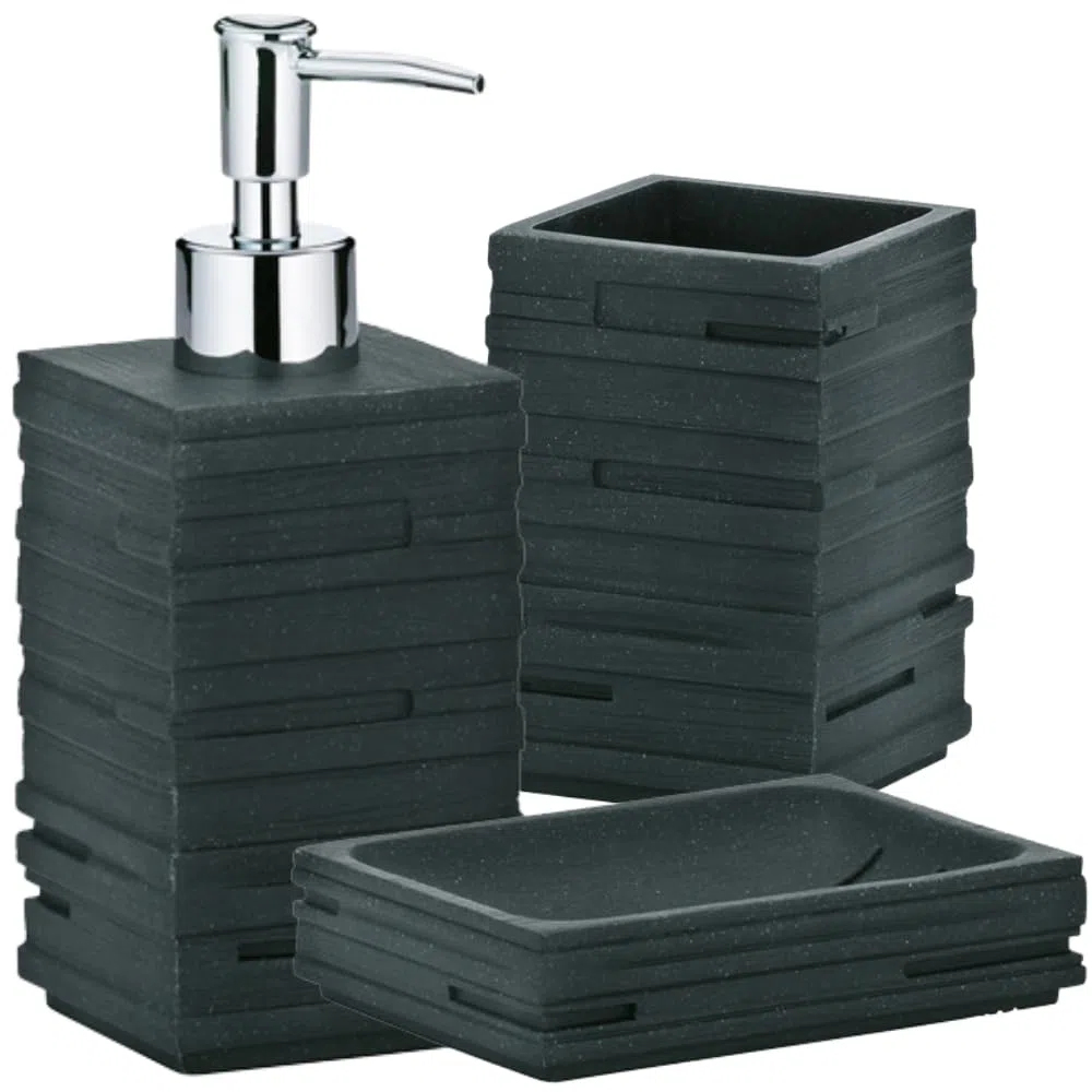 Schläfer 285100 | Set Bagno con Dispenser Portasapone, Portaspazzolino e Portasaponetta, Accessori in Resina Effetto Pietra Naturale Grigio Antracite, 3 Pezzi