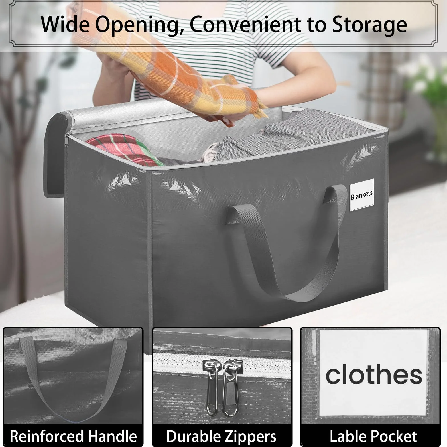 Withosent 100L Borsa Portaoggetti Grande, 6 Pezzi Impermeabile Borse di Stoccaggio Trasloco con Cerniera e Maniglia, Pieghevole Scatole Armadio Viaggio per Vestiti, Coperte, Trapunte, Grigio