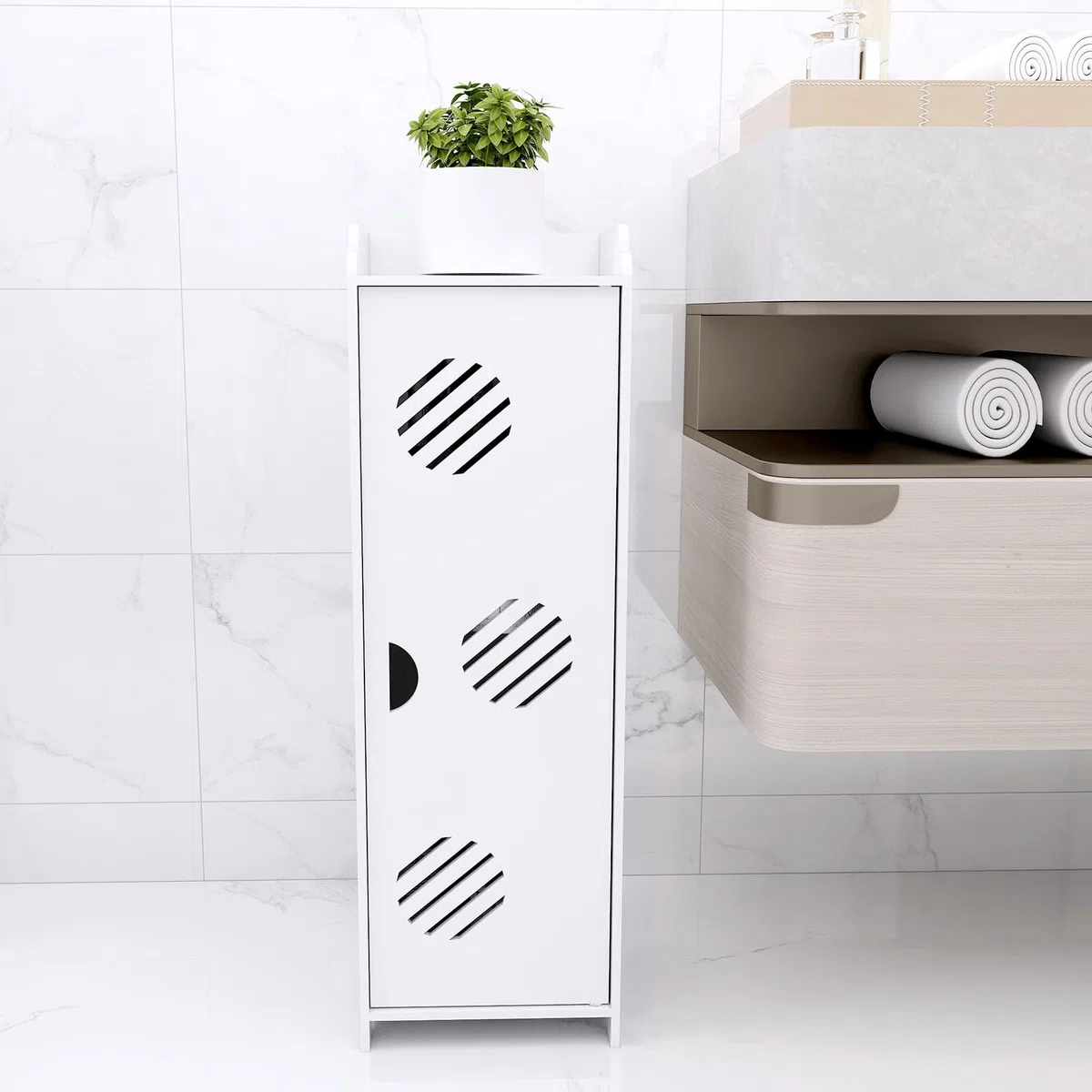 HUOLE Mobile Bagno Verticale Porta Oggetti da Bagno Slim Salvaspazio con Apertura, armadietto con ante e ripiani, Armadietto Porta Carta Igienica, Detergenti e Accessori,(B) 75 x 20 x 24 cm - Blanc
