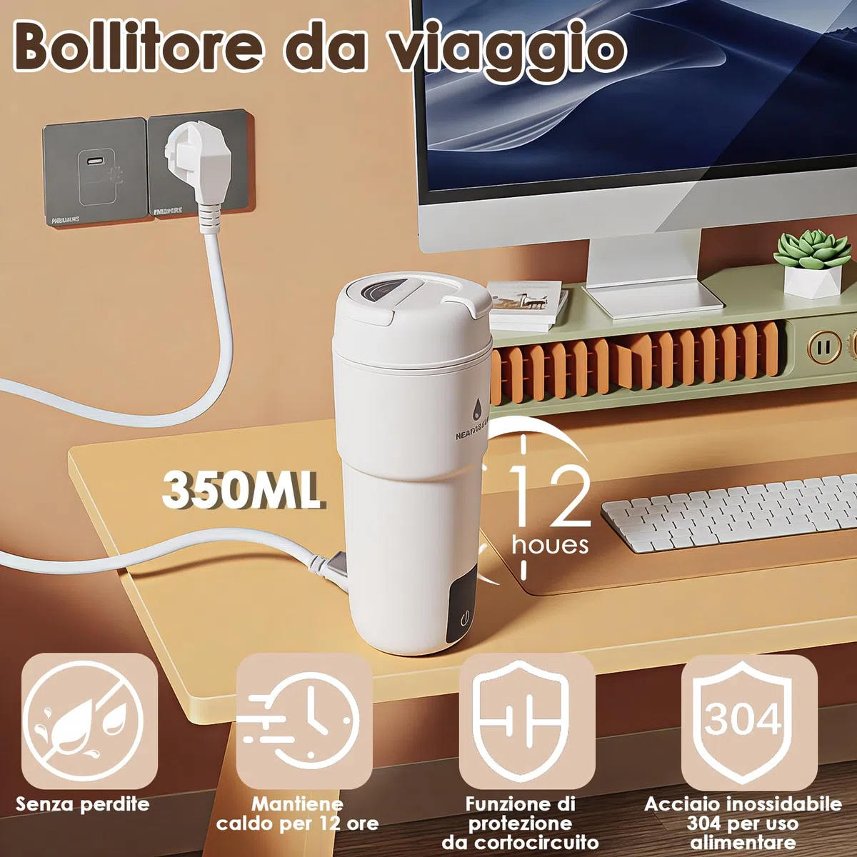 GuKKK Bollitore da Viaggio Piccolo Elettrico, 350 ml, 3 in 1 Doppio Strato 304 Bollitore in Acciaio Inox Spegnimento Automatico con Regolazione della Temperatura per latte per bambini,hotel,caffè