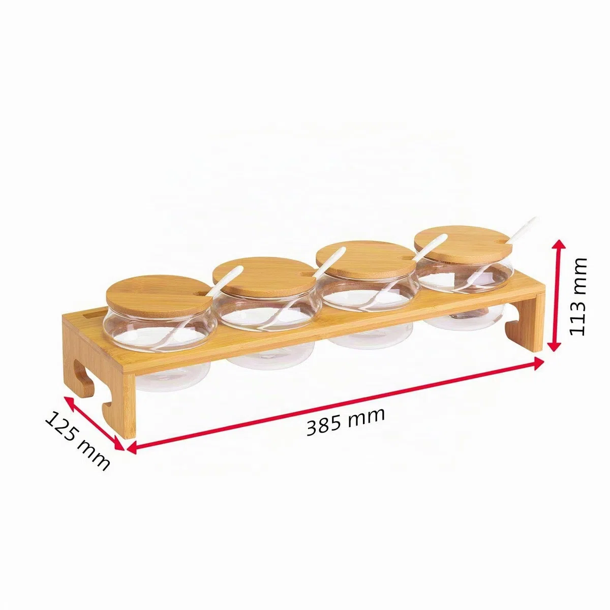Westmark Set per marmellate/spezie, 13 pz., 1 base + 4 contenitori + 4 coperchi + 4 cucchiai, Larghezza: 38,5 cm, Bambù/Vetro/Ceramica, Tapas + Friends, Marrone chiaro/Bianco, 69902260