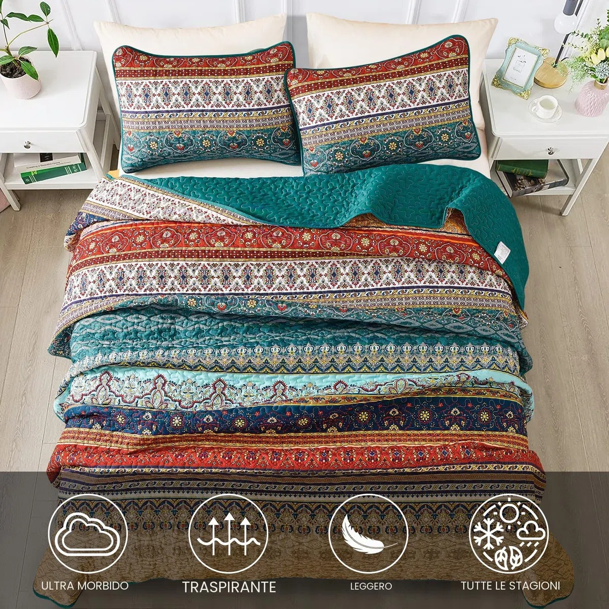 WONGS BEDDING Copriletto 220 x 240 cm, copriletto bohémien, 3 pezzi, per letto matrimoniale, in microfibra, con 2 federe da 50 x 75 cm, per camera da letto, divano, colore: marrone