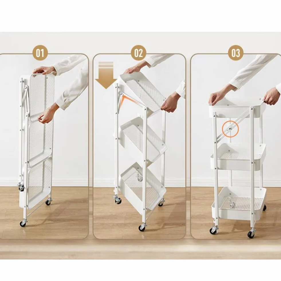 BAKAJI Carrello Cucina Pieghevole con 3 Ripiani Cestelli 4 Ruote girevoli a 360 Gradi con Freno Integrato in Metallo Trolley Salvaspazio da Servizio Dimensioni 29 x 40 x 76 cm (Nero)