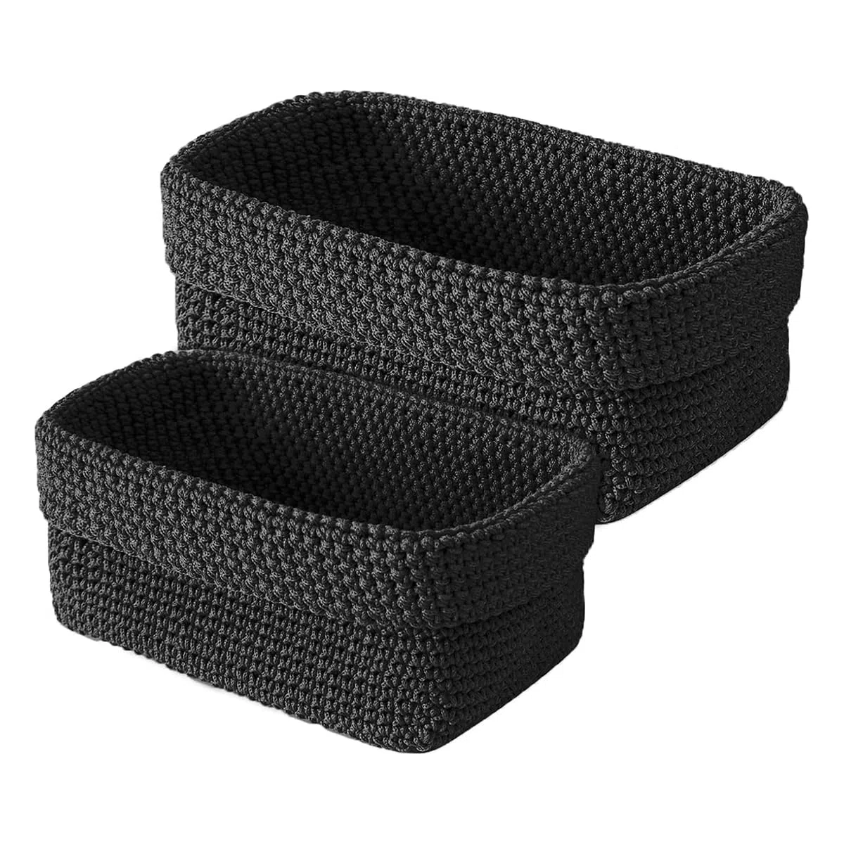 2 cestini portaoggetti neri all'uncinetto intrecciati a mano in filo di seta ghiacciata, pieghevoli, per camera da letto, bagno, ufficio, piccoli oggetti, asciugamani