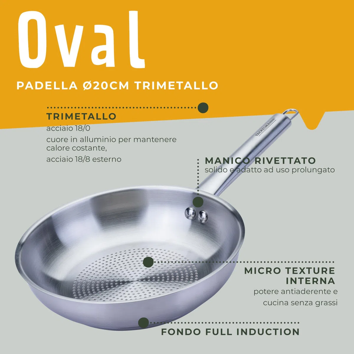 Fackelmann Padella Trimetallo Professionale Ø20cm – Cottura Induzione e Tutti i Piani – Fondo Micro Strutturato per Cucina Sana e Croccante – Lavabile in Lavastoviglie – Linea Oval