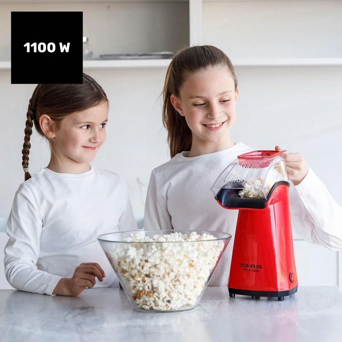 Taurus - macchina per popcorn + 1100 W | popcorn senza olio, aria calda | pronta in 3 minuti | coperchio dosatore trasparente | compatta e portatile | facile da pulire | rossa
