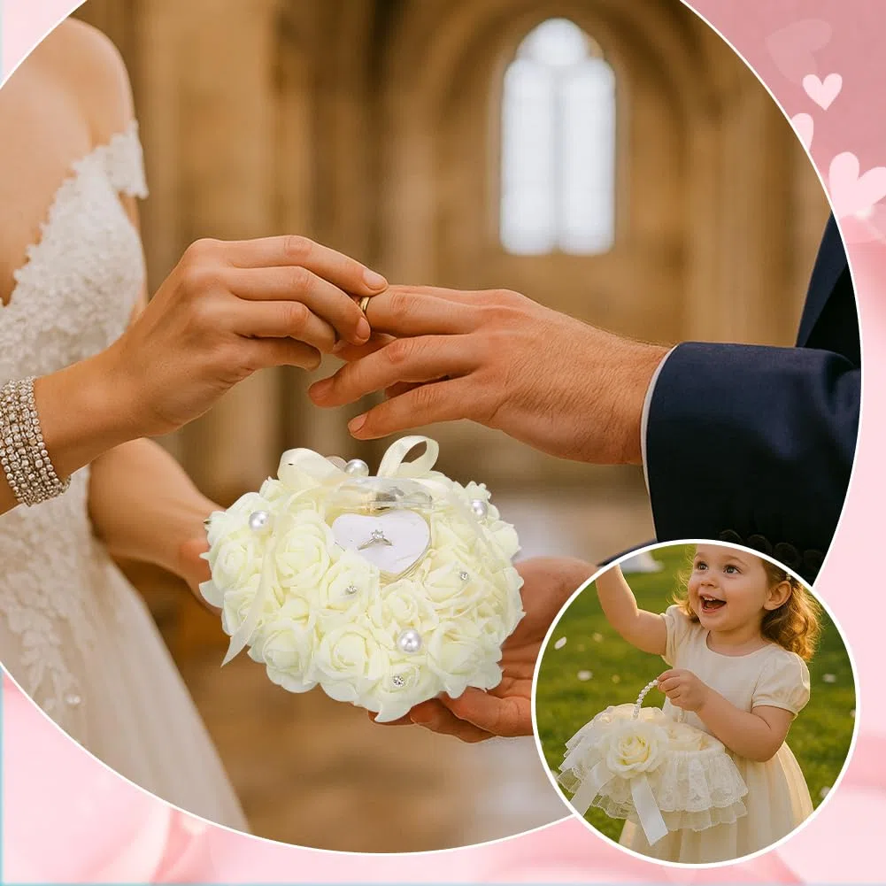 PH PandaHall 1 Set Cesto per Damigelle da Sposa Cesto Nuziale di Perle con Petali Artificiali Cuscino Espositore per Anelli Accessori per Decorazioni Nuziali per Matrimoni