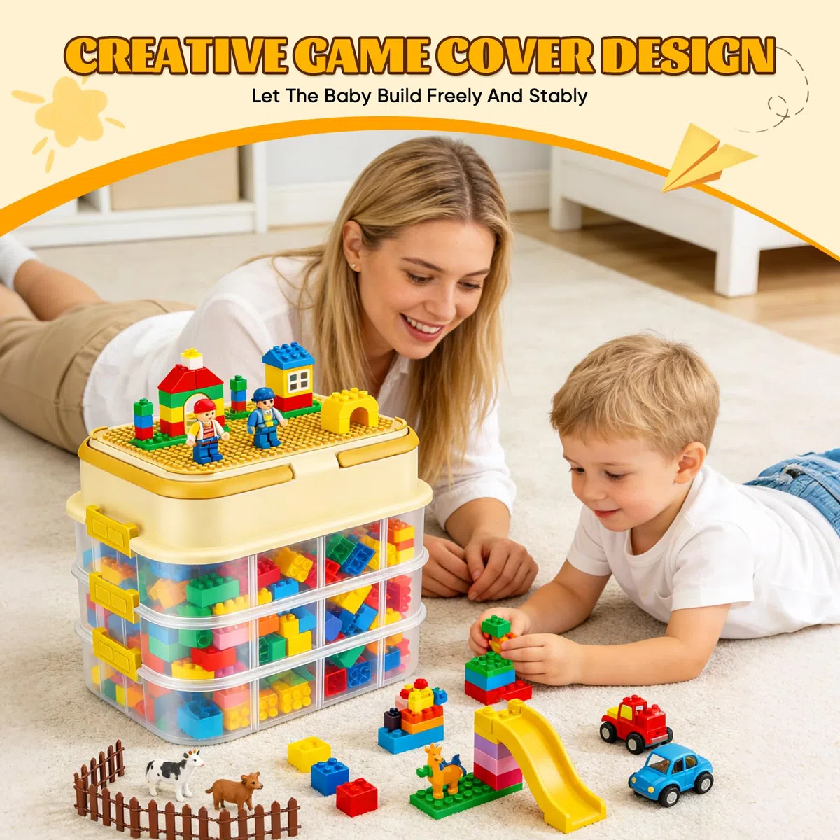 Scatola Porta Mattoncini 4 Cassetti con Coperchio, 33x25x26 cm, Contenitore Trasparente per Organizzare Mattoncini e Puzzle, con Maniglia e Vassoio Estraibile (5L, Giallo)