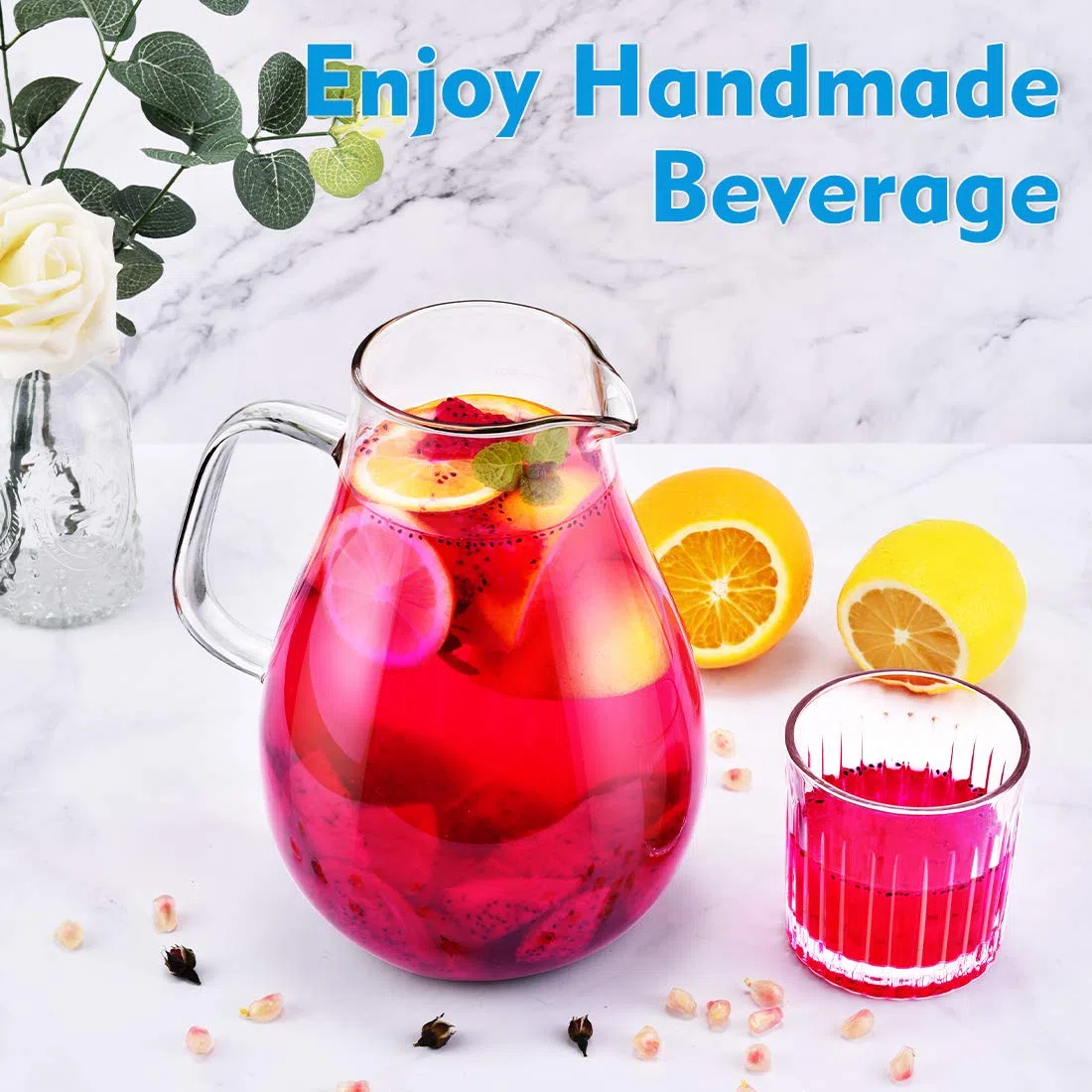 Caraffa Vetro Borosilicato, Brocca 2,4 Litri con Coperchio,per Acqua con Pennello, per Latte, Succhi, Tè Freddo