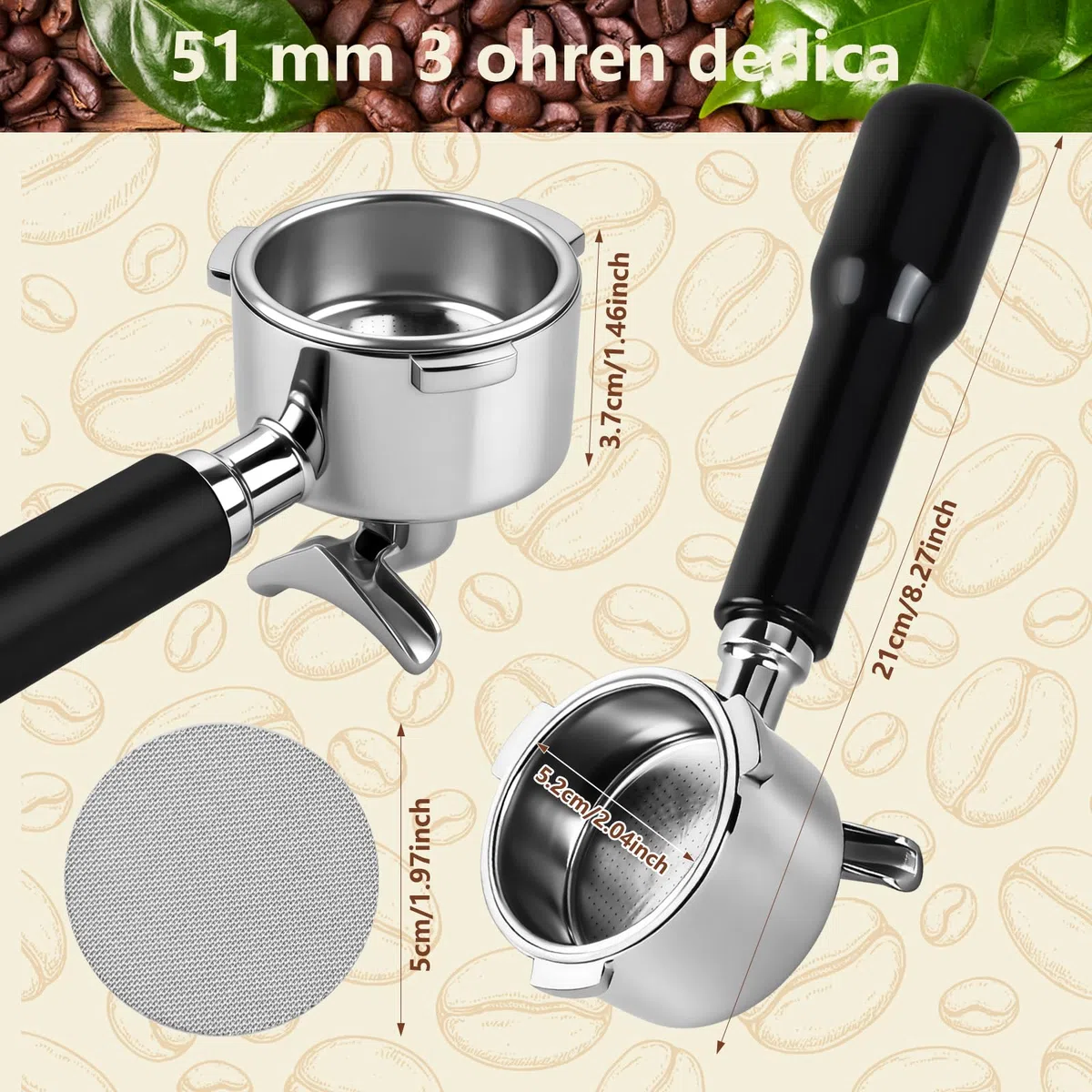 Portafiltro 51 mm 3 Orecchie con Doppio Beccuccio, Portafiltro 51mm Compatibile con Delonghi Dedica EC680/EC685/EC885, Manico in ABS e Supporto Filtro in Acciaio Inox (Nero)