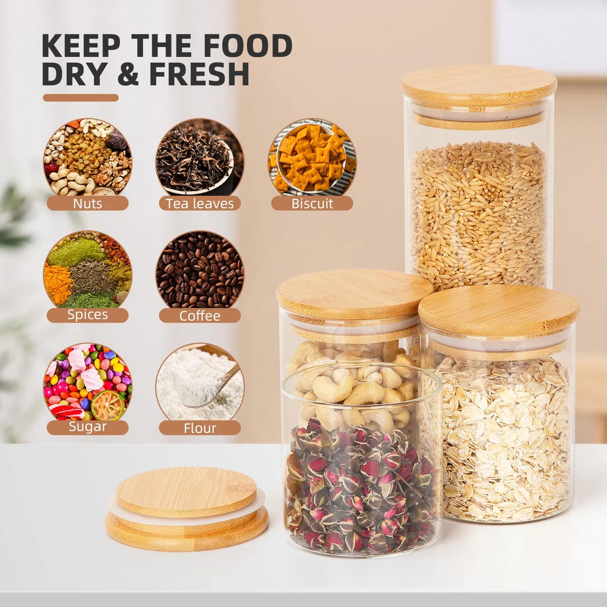 Cinnani Set di 10 Barattoli Vetro con Coperchio,Ermetici,Barattoli da Cucina in Vetro con Coperchio,Contenitori per Alimenti con coperchio di Bambù,barattoli Cucina vetro per Biscotti,Pasta,Cereali