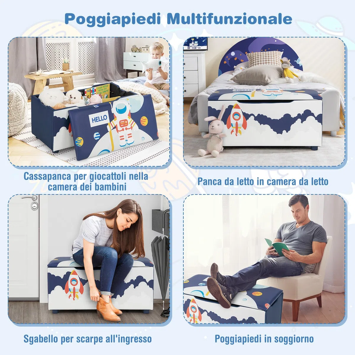 GYMAX Cassapanca per Bambini 2 in 1, Carico 150 kg, con Coperchio Rimovibile, Panca Portaoggetti con Fessure Antipizzicamento, Cinghia di Trazione e Struttura Stabile 75x36x38 CM (Blu e Bianco)