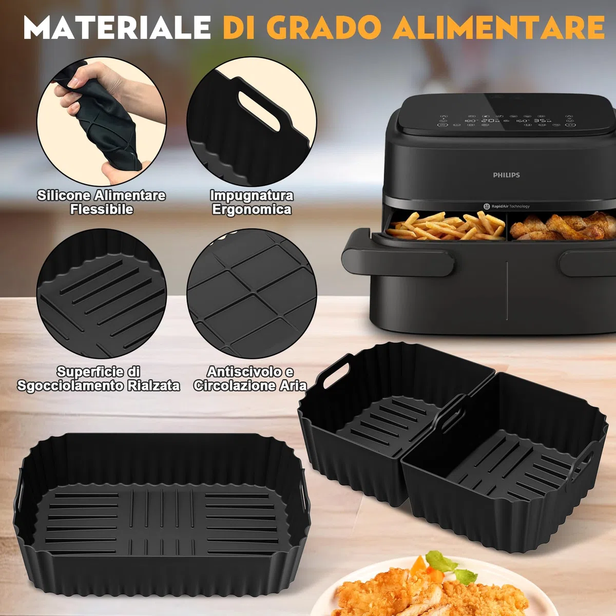 Accessori Friggitrice ad Aria per Philips Airfryer Serie 1000 7.1L, Riutilizzabile Customised Stampi Teglie & Griglia, per Philips Friggitrice ad Aria con Singolo/Doppio Cestello Flexi 7.1L(NA154/00) | 3 stampi in silicone per friggitrice ad aria, riutili