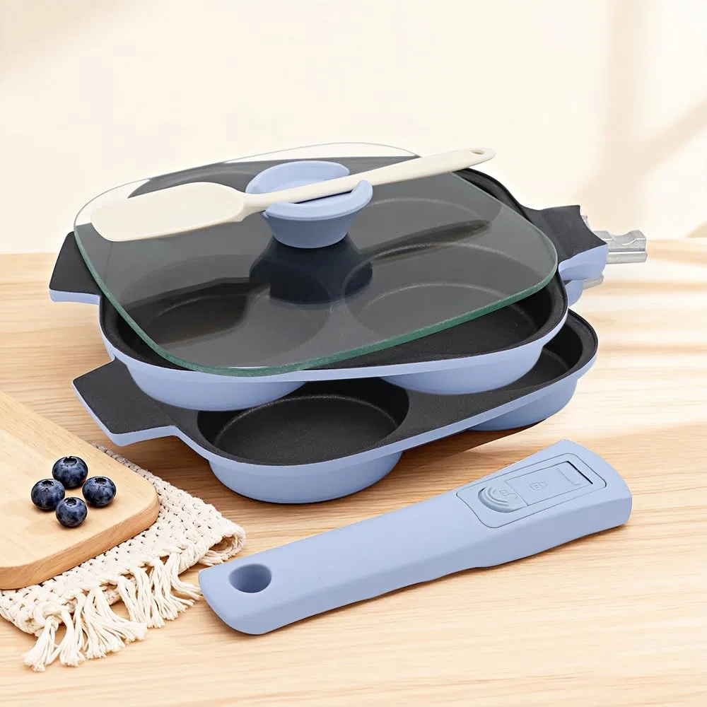 RANX INGST Padella Pancake 4 Fori con Coperchio, Padella per Uova Fritte con Manico Rimovibile, padella per omelette Antiaderente in Alluminio - Blu