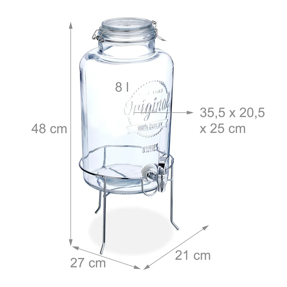 Relaxdays Dispenser in Vetro per Bevande, Erogatore 8 L Rubinetto, Coperchio e Rialzo, Distribuitore Acqua e Limonata