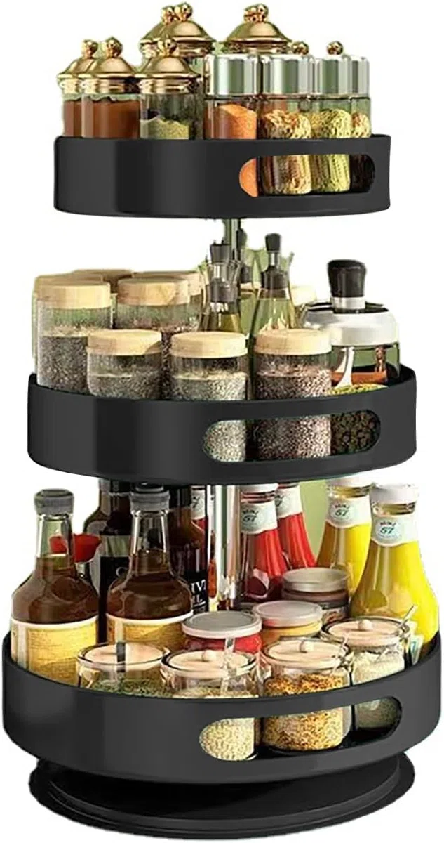 Portaspezie Girevole in Acciaio al Carbonio, Organizer da Cucina Regolabile in Altezza per Barattoli di Spezie, Cosmetici e Detergenti, Organizzatore Spezie 3 Piani (30 + 25 + 22 cm)