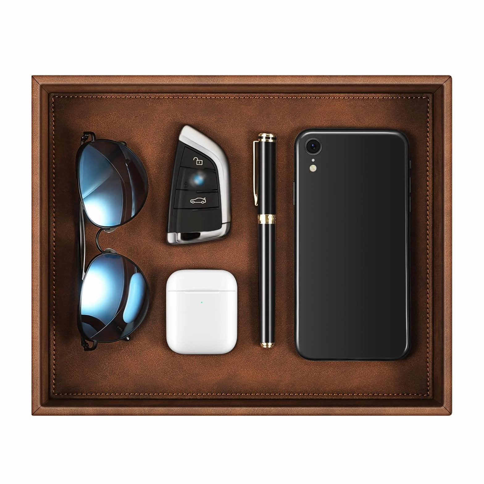 SITHON Vassoio Portaoggetti Organizzatore da Scrivania, PU Pelle Contenitore Organizer Vassoio da Svuotatasche Bagno Comodino, per Monete, Cellulari, Gioielli, Telecomando, Chiavi, Telefono, (Marrone)
