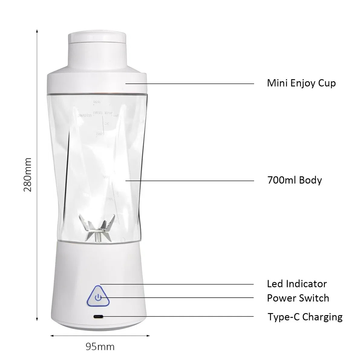 Mini Frullatore Portatile, 700 ml Frullatore Elettrico, USB Ricaricabile, Smoothie Maker con 6 Lame, Fresh Juice Frullatore, per Smoothie, Frullati di Frutta e Verdura(6000 mAh, Bianco)