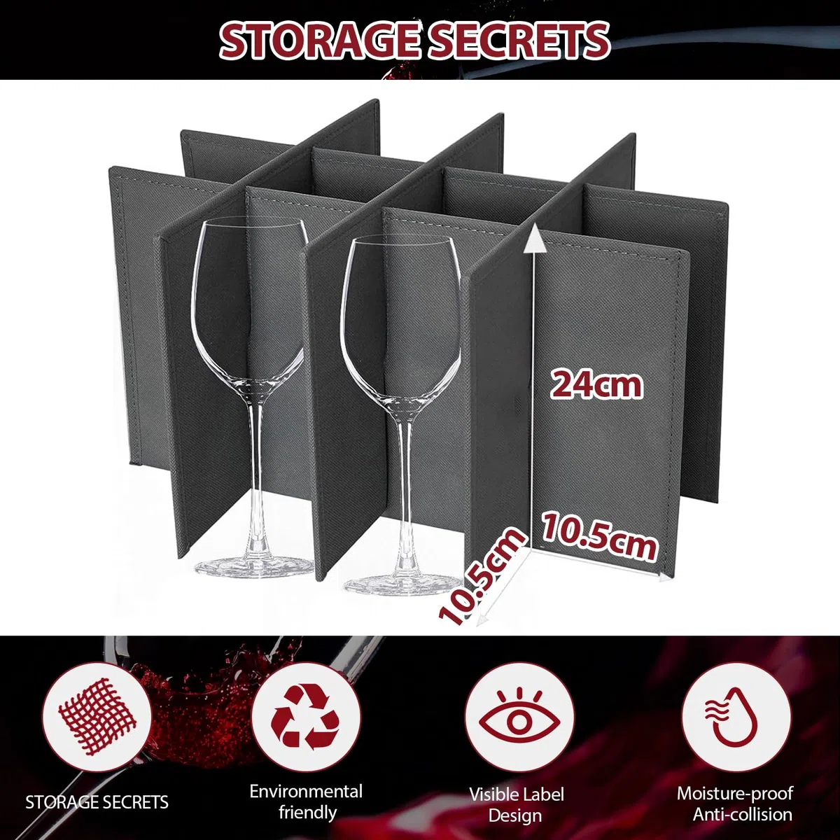 OUZHOU Scatola portaoggetti per bicchieri da vino con 12 divisori, porta calici, custodia per bicchieri da vino con finestra per etichette, contenitore per bicchieri da vino, cucina, feste, viaggi
