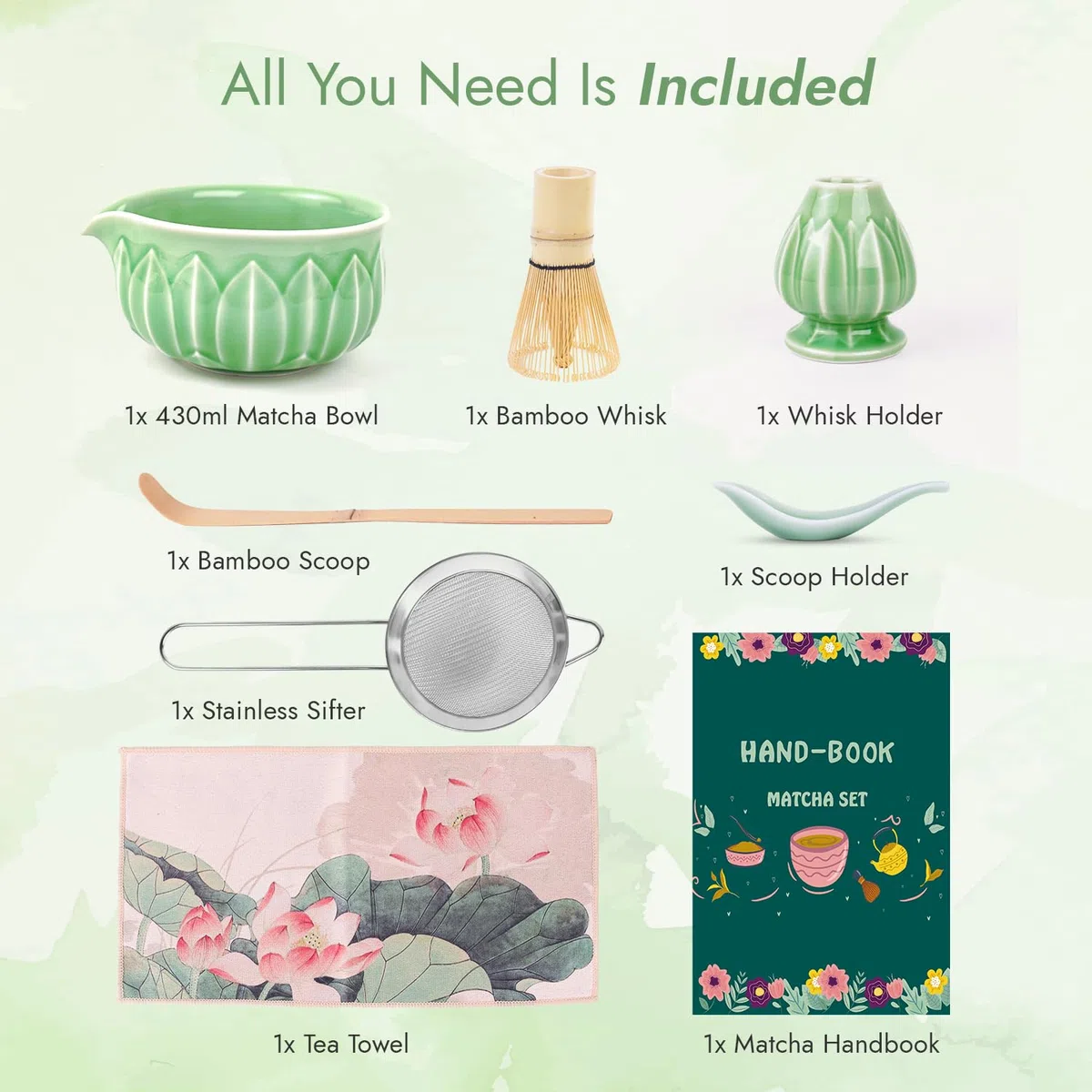 Set da tè Matcha con frusta e ciotola in bambù, kit per principianti, kit per matcha cerimoniale, set regalo per tè (verde smeraldo)
