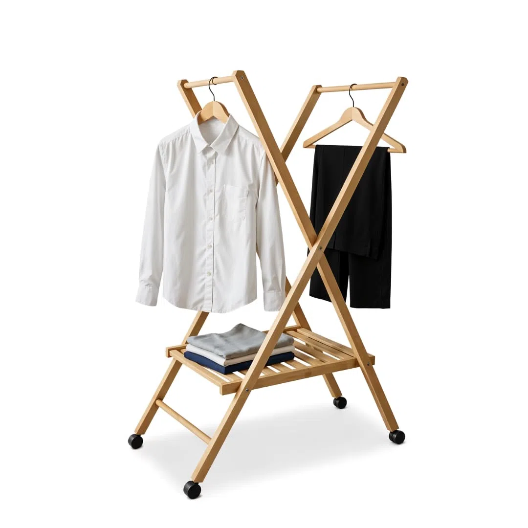 Mottiwood STIRA & APPENDI, Carrello Appendiabiti, Pieghevole e Salvaspazio, 100% Legno Faggio, Stendino, Ruote Multi direzionali, 62,49x122hcm, Omino Appendiabiti, Made in Italy