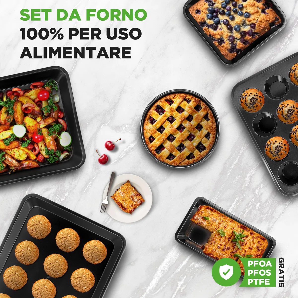 NutriChef Set di 6 Teglie da Forno Antiaderenti in Acciaio al Carbonio, Teglie Forno per Biscotti, Muffin, Torte e Pane, Resistenti ai Graffi, Lavabili in Lavastoviglie, Nero