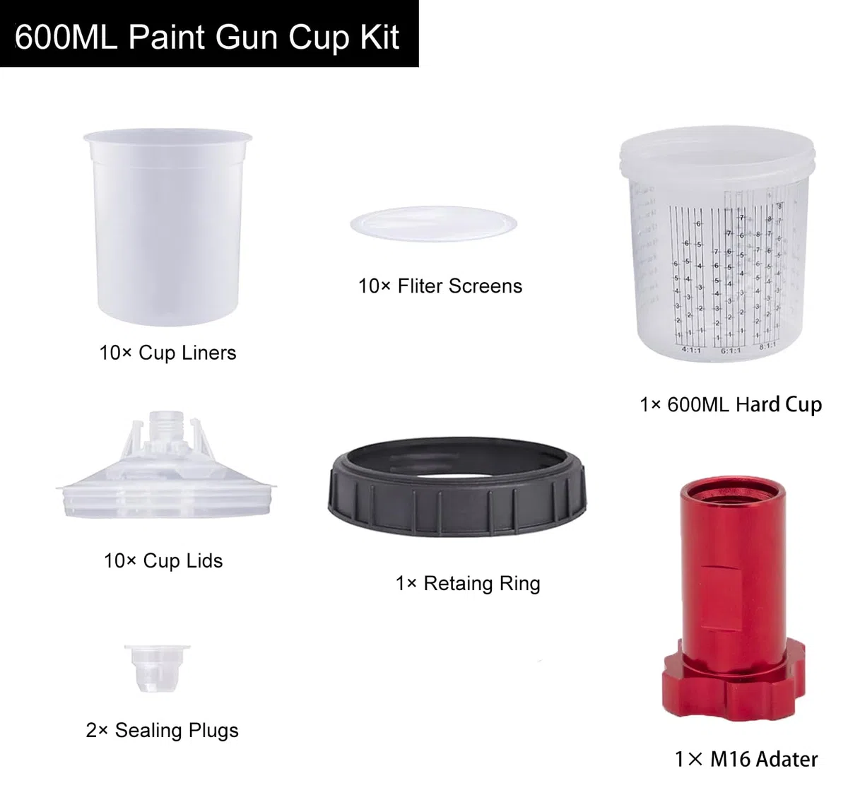 Tazza di misurazione per pistola vernice, Coppa miscelatrice per vernice con 10 tazze, 10 coperchi, 10 filtri(600ml)