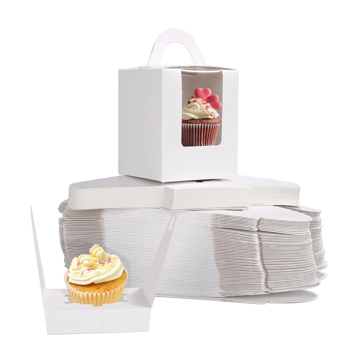 100 Pezzi Scatole per Cupcake Singoli, Scatole Cupcake Bianche Singole, Scatola Cupcake con Finestra e Maniglia per Torte di Cartone per Compleanno, Natale, Festival