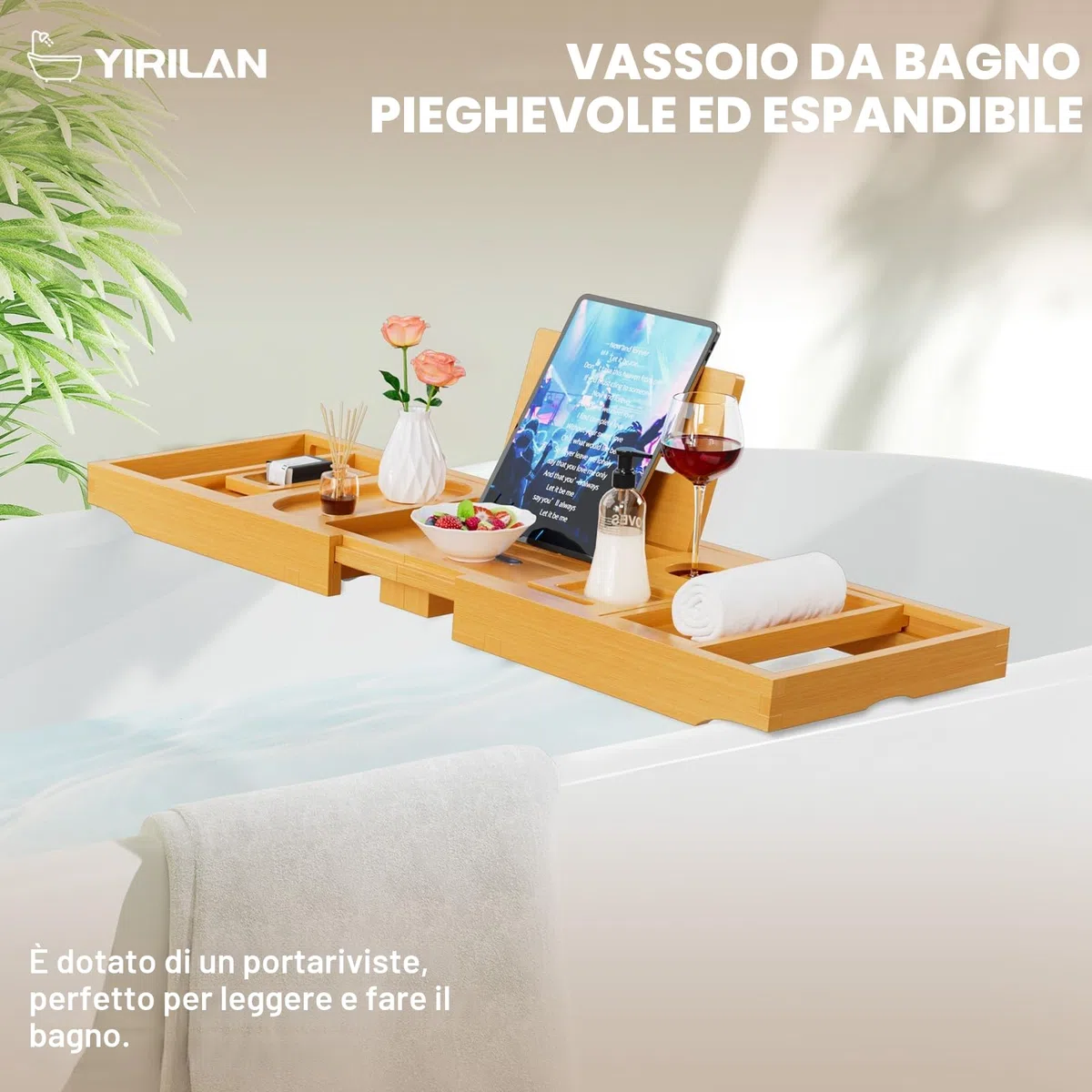 Vassoio pieghevole per vasca da bagno in bambù, retrattile e regolabile multifunzione con fermalibri, portasapone, porta asciugamani e porta bicchieri da vino