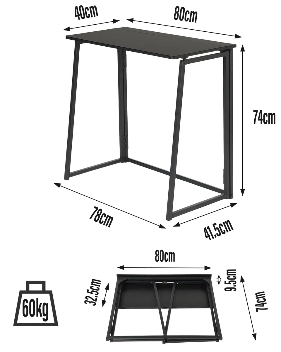 Tavolo per computer pieghevole, 80 x 40 x 74 cm, nero, piccolo tavolo in PC, pieghevole, salvaspazio, per ufficio, soggiorno, camera da letto