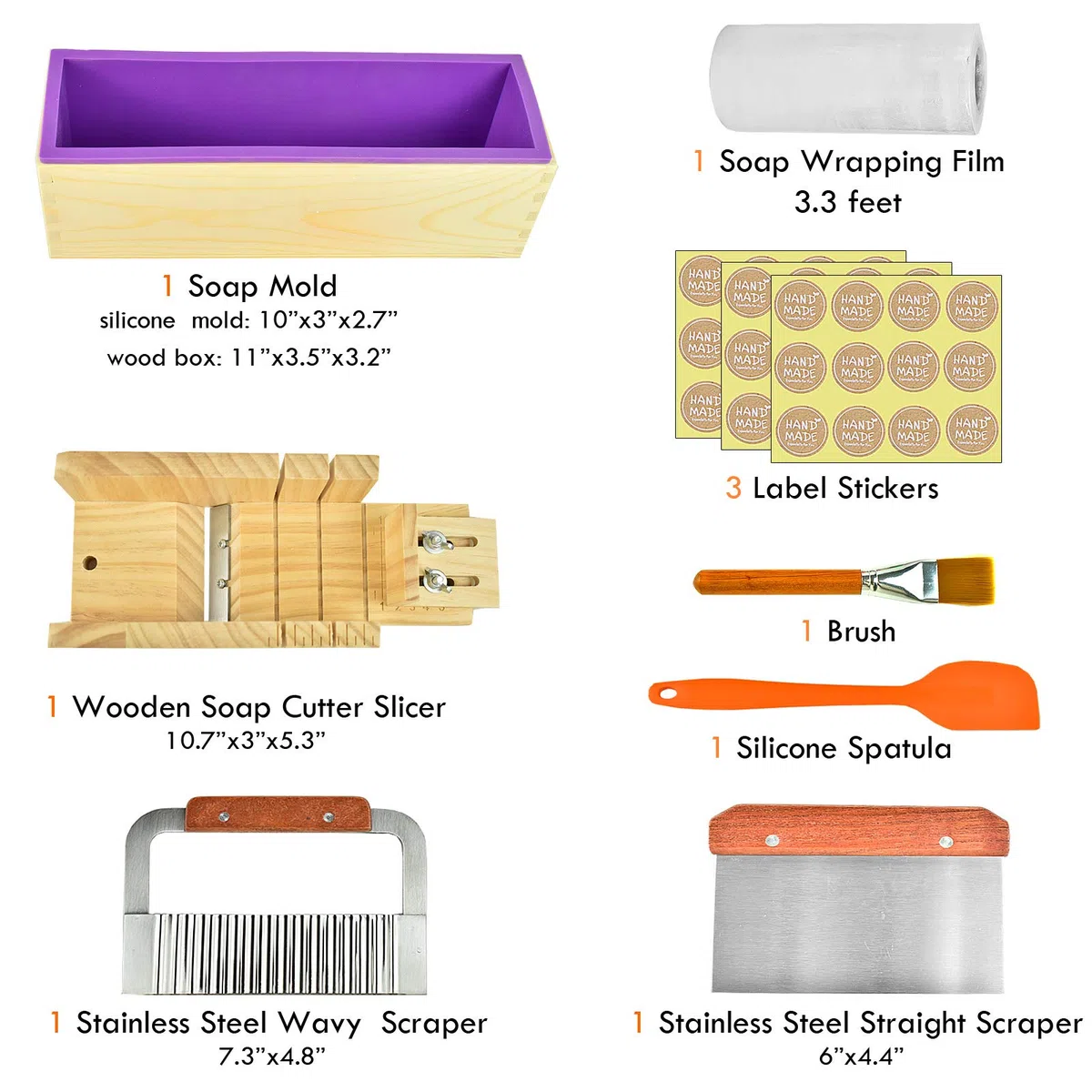 Artcome Kit di stampi per tagliare il sapone per pagnotta, multifunzione, regolabile, in legno, set di stampi rettangolari in silicone con taglierina ondulata e dritta in acciaio inossidabile
