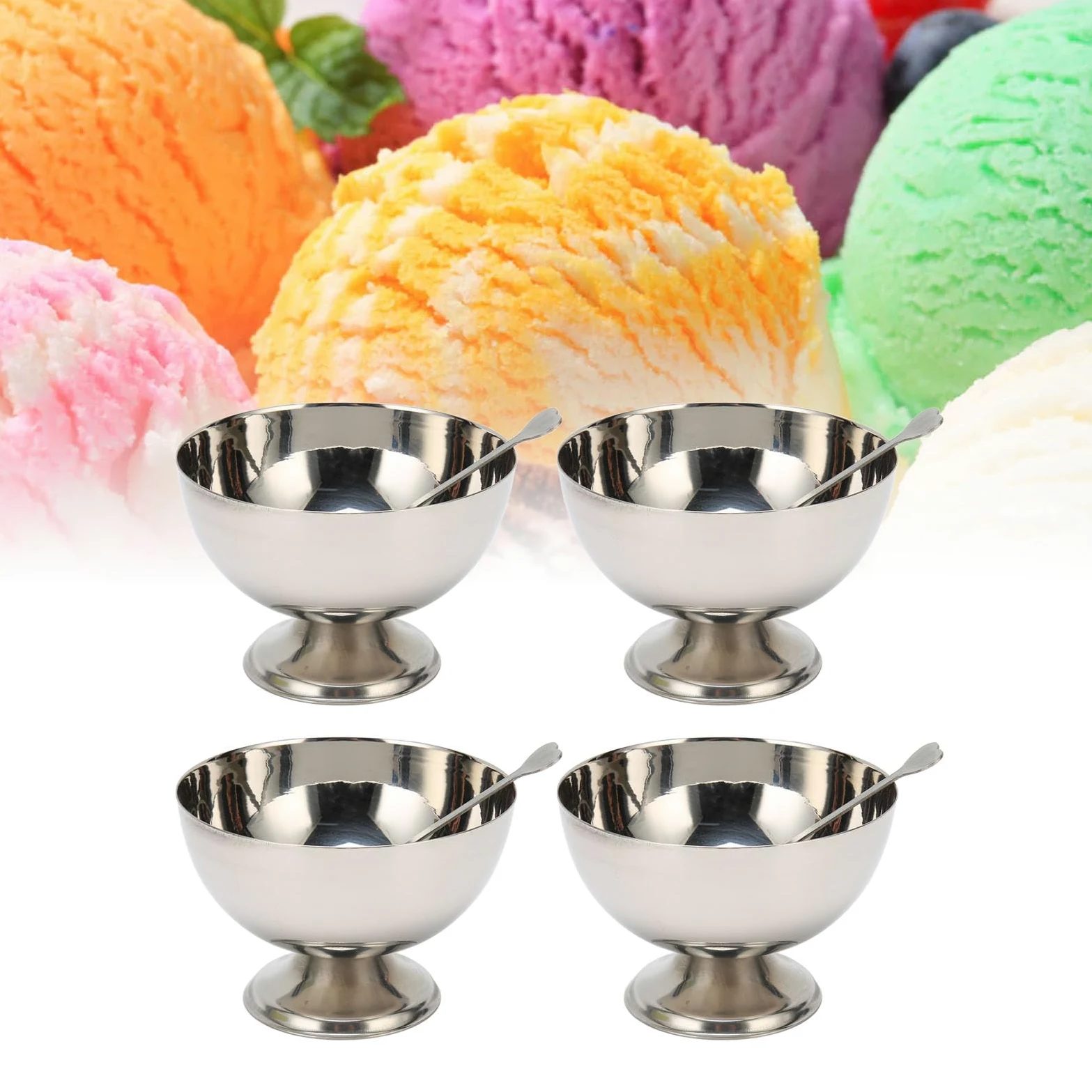 4 Pezzi Ciotole per Gelato in Acciaio Inossidabile, 200ml Coppe da Dessert Riutilizzabili con Forchetta, Ciotole con Piede per Gelato per Snack, Caramelle, Insalata, Frutta