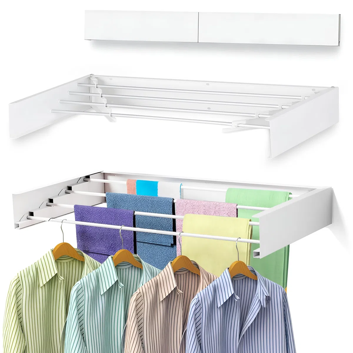 32” Wall Mounted Hanging Drying Rack Laundry for Kitchen Bathroom Use - Foldable Indoor Outdoor Drying Line with 4 Steel Poles - Collapsible Laundry Organizer Clothes Rack for Outdoor Balconies