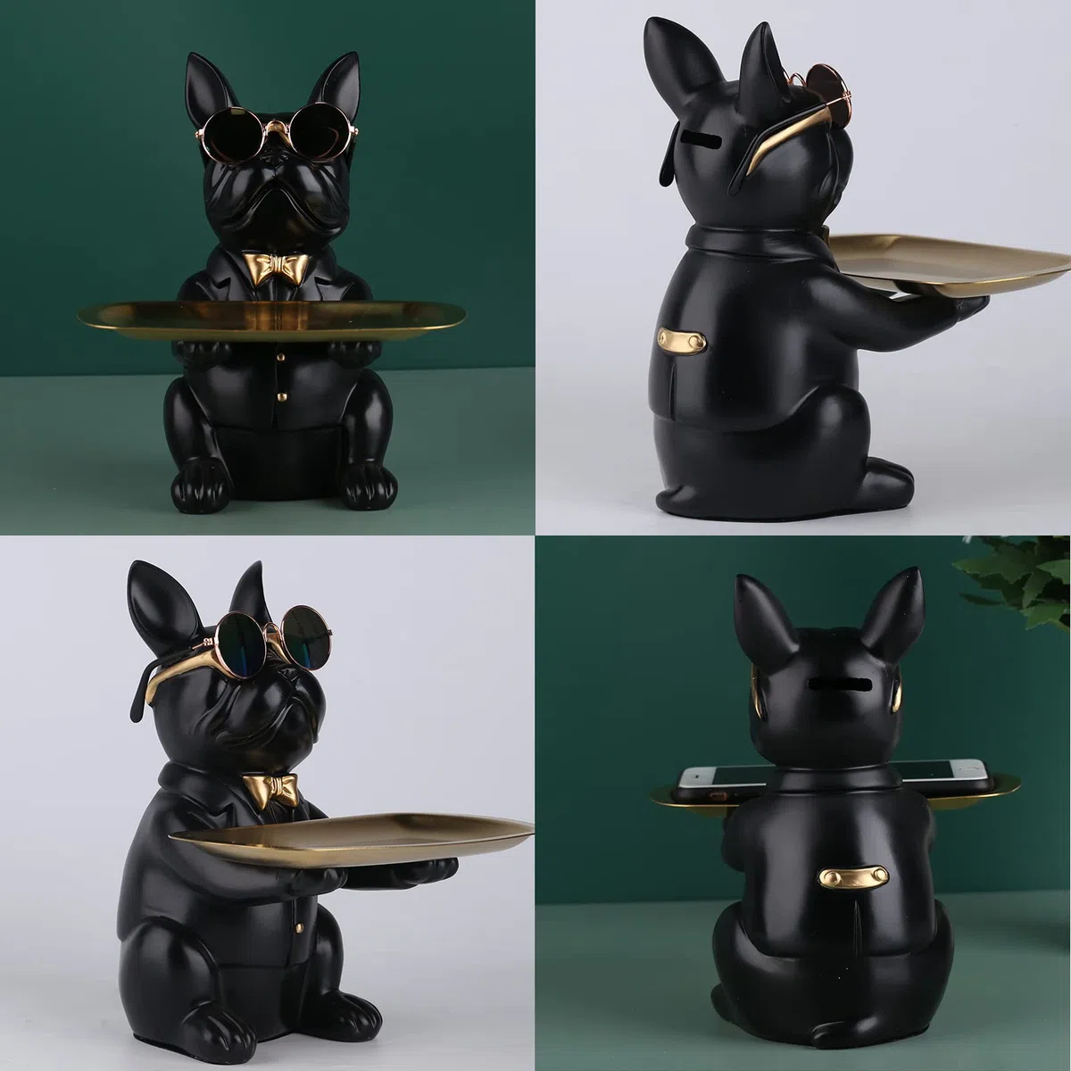Statua di bulldog multifunzione, vassoio decorativo per cani in resina, contenitore creativo per cani, portachiavi applicabile, per riporre collane, bracciali, sculture decorative