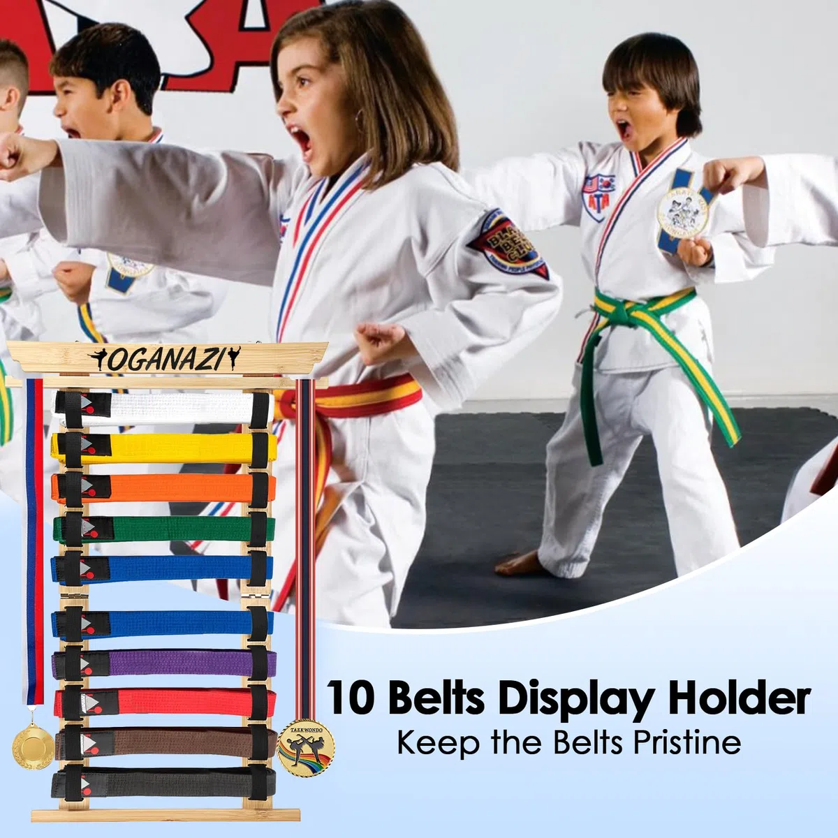 SUMNACON Supporto per cintura Arti Marziali, 10 Cinture in Bambù Taekwondo, Supporto a Parete per Medaglie, Karate e Ninjutsu