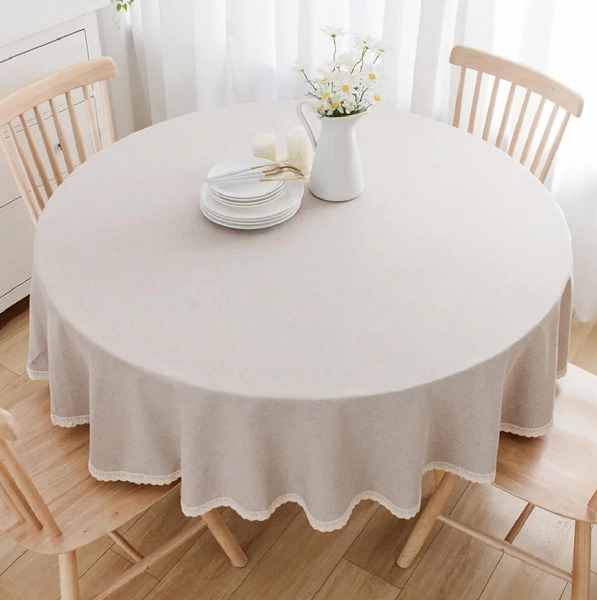 Tovaglia rotonda in lino di cotone Adatto per tavoli da pranzo, tavolini da caffè Lavabile in lavatrice Cachi Diametro 180 cm