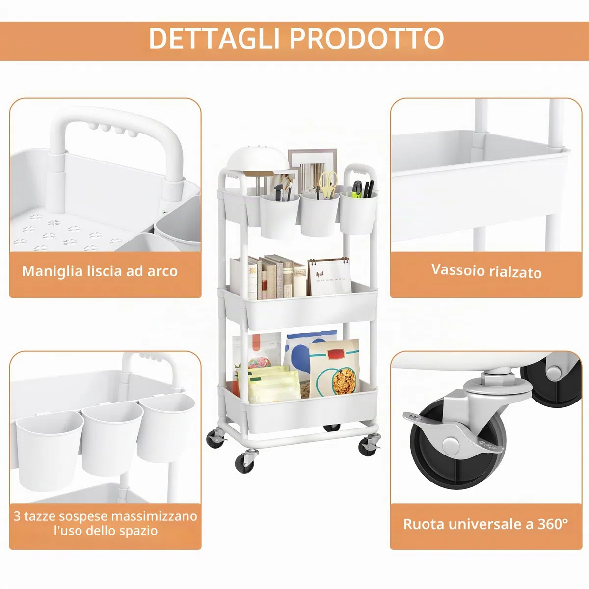 JIUYOTREE Carrello portaoggetti in plastica a 3 livelli con manici extra appesi e ruote bloccabili, per soggiorno, bagno, cucina, ufficio, bianco