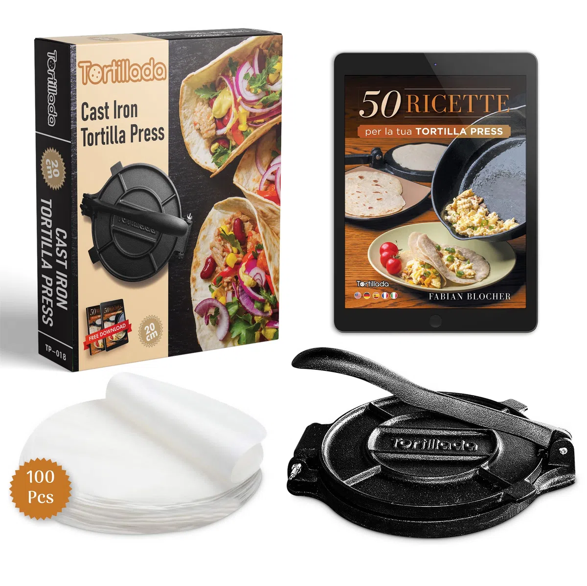 Tortillada - Pressa per Tortillas in Ghisa 20 cm – Tortilla Maker per Tacos, Wrap e Pane Piatto – con E-Book e 100 Fogli Carta Forno – Pressa Resistente
