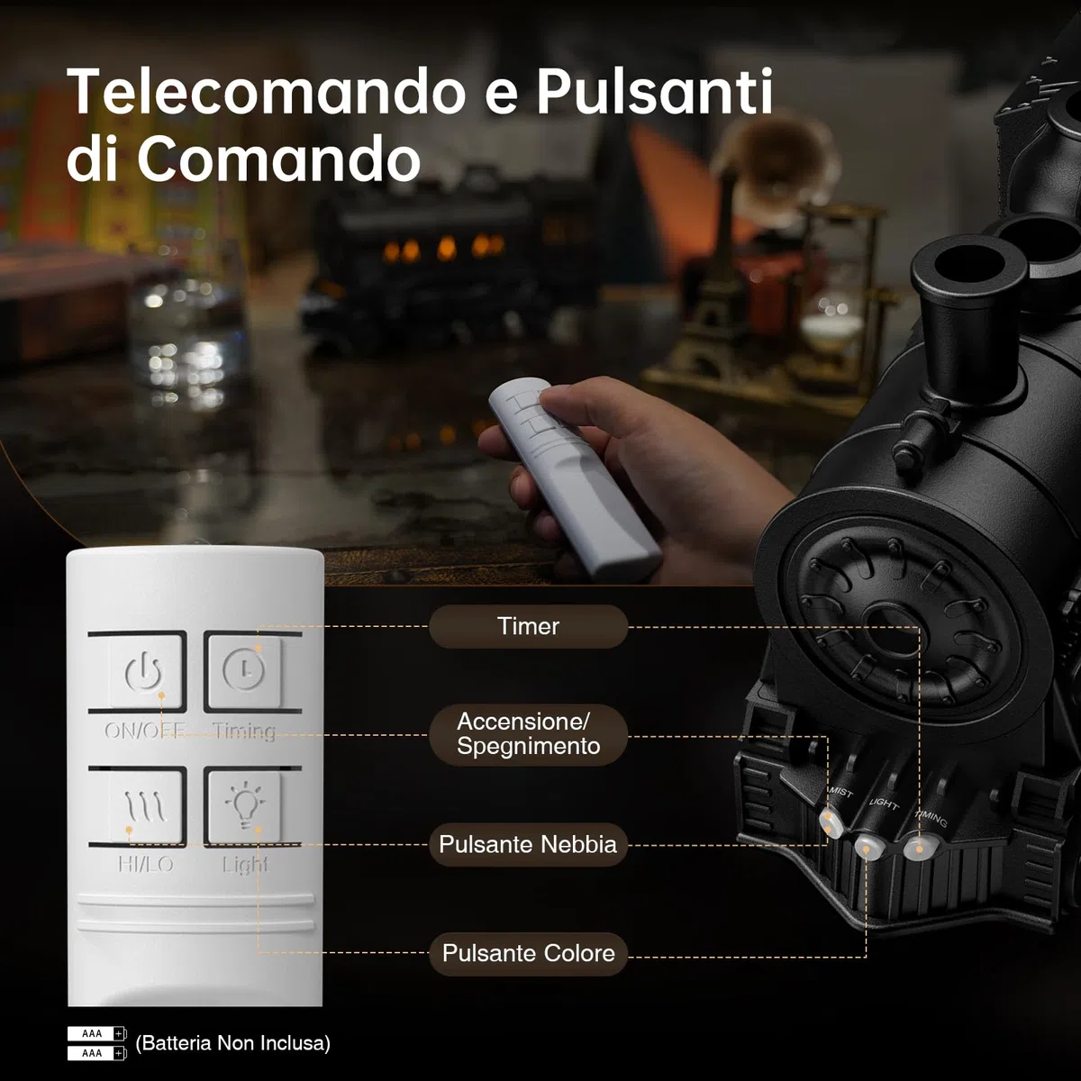 Jeebel Diffusore di Oli Essenziali 300 ml Fiamma Diffusore a Forma di Treno, Effetto Fiamma, Telecomando, Spina UE - Mini Umidificatore a Nebbia Fredda per Camera Letto e Ufficio Aromaterapia