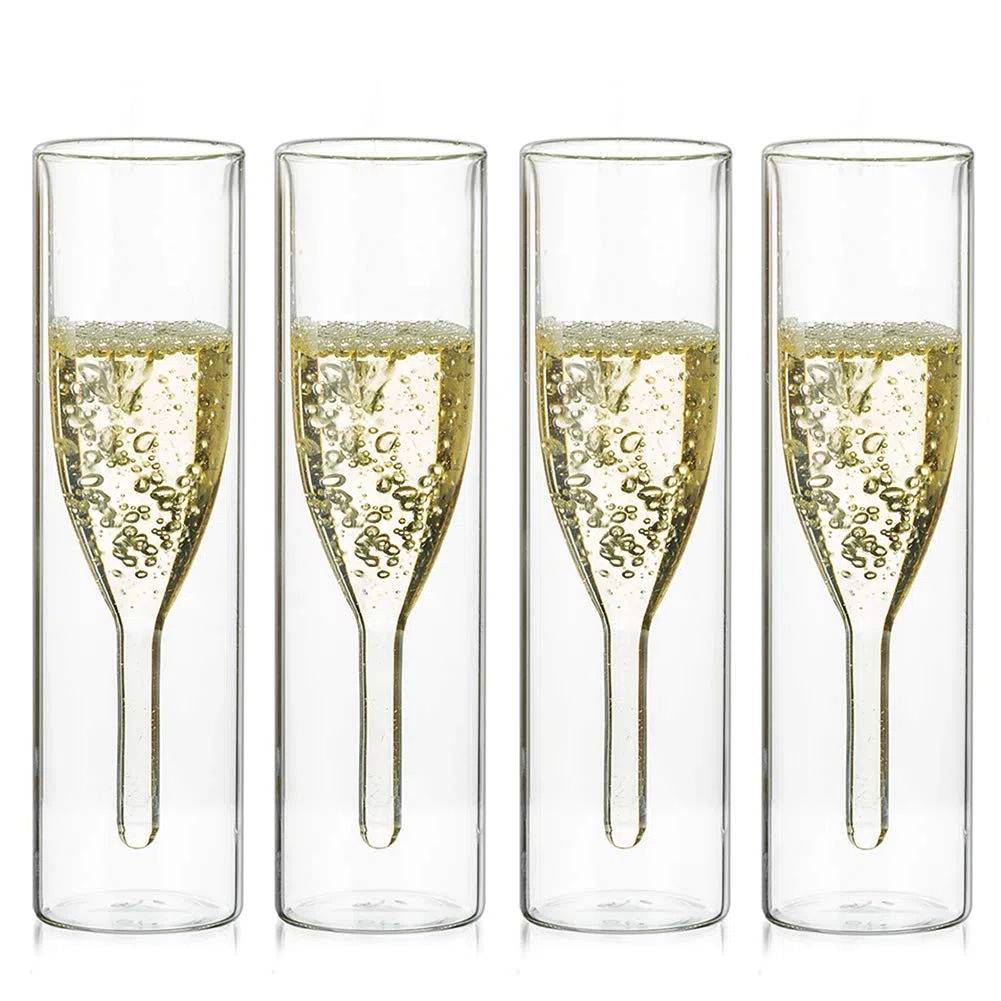Sziqiqi Set di 4 calici da champagne in cristallo a doppia parete senza piedini, in vetro trasparente soffiato a mano per catering, matrimoni, feste, bar, riunioni di famiglia